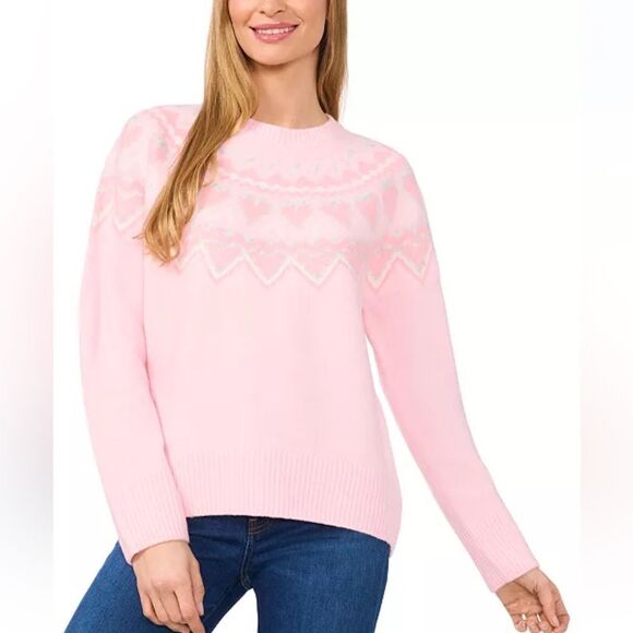 CeCe Mommy & Me Crewneck Fair Isle Pink Hearts High Low Sweater Matching - Picture 7 of 14